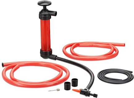 Relaxdays Öl Absaugpumpe, manuelle Handpumpe für Benzin, Diesel, Umfüllpumpe mit 3 Schläuchen, Luftpumpe Aufsätze, rot