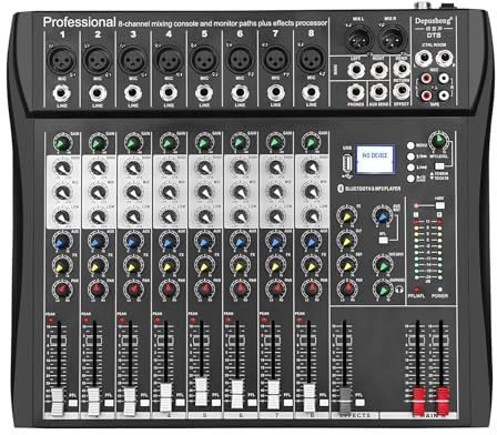 Depusheng DT8 - Console professionale a 8 canali DJ-Soundmix con Bluetooth e 48 V Phantom Power USB Jack per la registrazione del computer, bande