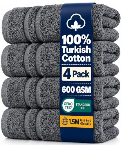 Hawmam Linen Hand Towels for Bathroom, Turkish Cotton, 4 Pack, Cool Grey