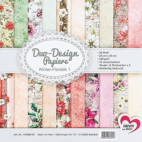 Ideen mit Herz Duo-Design-Papiere | Block mit 20 Blatt Bastelpapier | 25 x 25 cm | 250g/m² | beidseitig bedruckt | Designpapier, Motivpapier | ideal für Scrapbooking, Basteln (Winter Floristik 1)