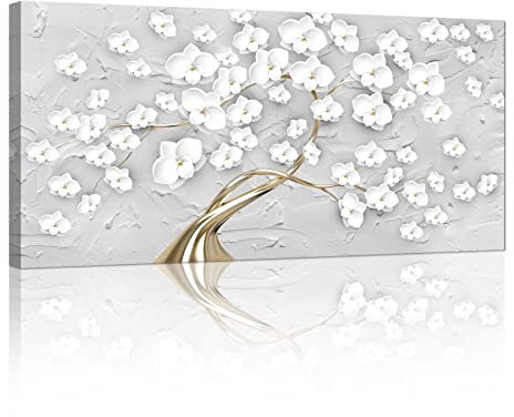 FjerminArt Grande Quadro Moderno Stampa su Tela Con Cornice quadro su tela Bianco-argento Alberi in Fiore Astratto pittura su tela quadri moderni soggiorno camera da letto Decorazione Murale 100x50cm