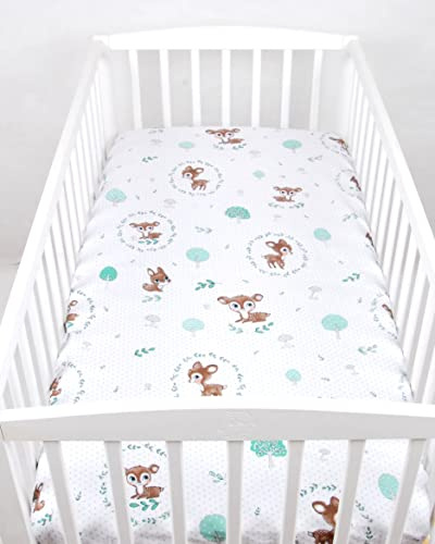 BABYLUX Baby Spannbettlaken für Kinderbett - 100% Baumwolle,60x120 / 70x140 cm weich und bequem, passend für alle Standardmatratzen, (120. Wald REH, 70x140cm)