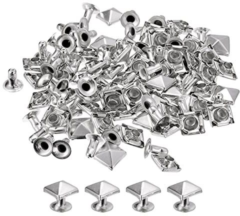 sourcing map 50 Juegos Espiga Remache, 7mm Piramidal Rápido Remache Pernos Cuadrado Punk Púas Marroquinería Decoración para Ropa Cinturones Bolsos Zapatos, Plateado Tono