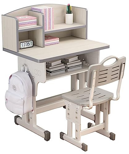 Kinderschreibtisch- Und Stuhlset, Höhenverstellbarer Kinderschulschreibtisch Mit Neigbarem Schreibtisch, Buchständer, Metallhaken Und Aufbewahrungsschublade Für Jungen Und Mädchen (Color : Grey, S :