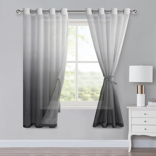 XWZO Voile Gardinen mit Ösen Vorhänge Farbverlauf Vorhang Sheer Ombre Gardinen 2 er Set für Schlafzimmer und Wohnzimmer Schlaufengardinen mit Raffhalter H160xB140cm Grau