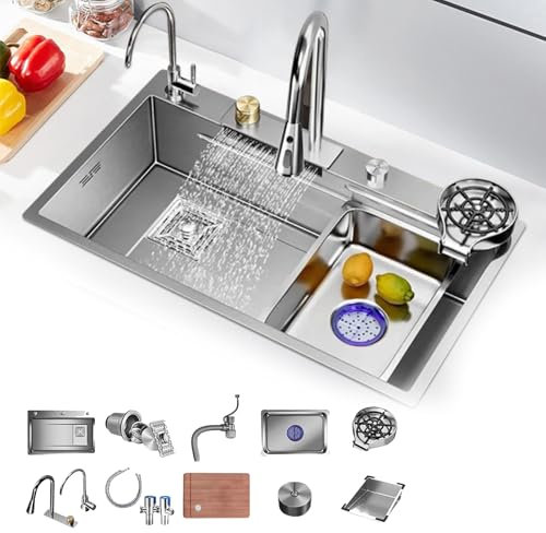 Fregadero de cocina,fregadero incorporado de cocina,fregadero de acero inoxidable,fregadero de cocina estación de trabajo de un solo tazón con tabla de cortar,lavadora de tazas 68 * 45 * 21cm