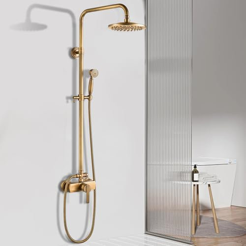 Conjunto de Ducha Retro Columna de Ducha Latón Antiguo Sistema de Ducha con altura Regulable 70~120 cm, Set de Ducha con 20cm Giratorio Alcachofa de Ducha