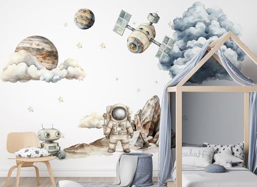 Wandtattoo Kosmos Mond Sonnensystem Astronaut Sterne Kinderbilder Junge Kinderzimmer Mädchen Aufkleber Osomhome | Astronaut, Weltraum (Auf Planeten, XL)