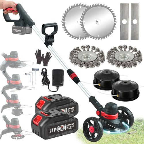Decespugliatore a Batteria con Ruote, 4 in 1 Lama Decespugliatore Multifunzione per Makita Batteria, BRUSHLESS, LARGHEZZA TAGLIO 30CM, 2X 24V 4.0AH BATTERIA Tagliabordi Elettrico da Giardinocon