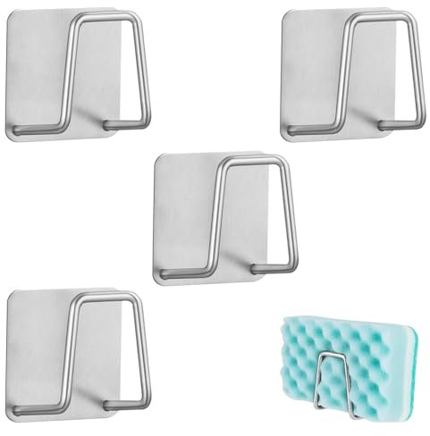 4 PCS Stainless Steel Sink Sponge Holder, Kitchen Sponge Holder, Self Draining Dish Sponge Holder, Kitchen Sink Caddy, Sink Organiser, Sink Storage, Silver