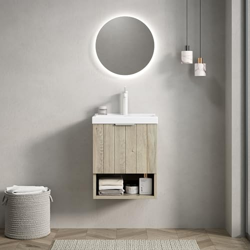 boorbin 42cm Wandhalterung Badezimmer-Waschtisch mit weißem rechteckigem Keramikwaschbecken, gestreiftem Schrank mit Doppeltüren und offenem Regal (Eiche cremefarbene Holzmaserung Farbe -1)