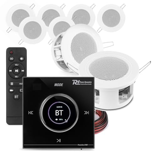 Powerline B100B Bluetooth Compact Ceiling Speaker System – 8 Ultra-Compact 3 Ceiling Speakers with In-Wall Bluetooth Amplifier, Touch Control, 4x 25W, Home Audio Kit, Speaker Cables Included