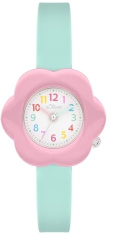s.Oliver Kinderuhr- 25 mm - Gute Ablesbarkeit - widerstandsfähiges Silikonband - 3 ATM wasserfest - hoher analoge Armbanduhr für Mädchen mit Quarzwerk - Katze - Blume - Geschenkidee