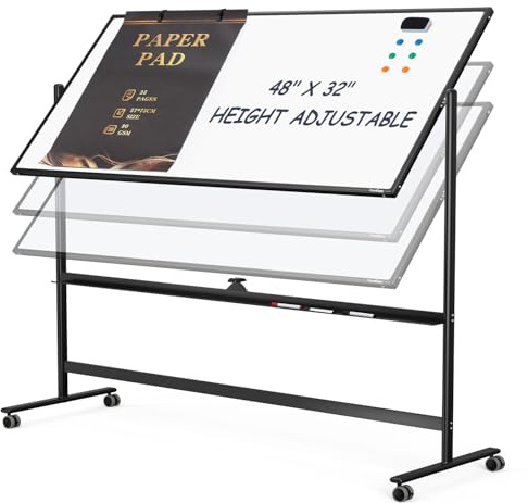 Tankee Rolling Whiteboard 48x32 Large White Board Dry Erase Board on Wheels