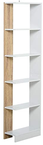 HOMCOM Scaffale Libreria a Parete in Legno Color Rovere e Bianco con 5 Ripiani, Antiribaltamento, 45 x 21 x 170cm
