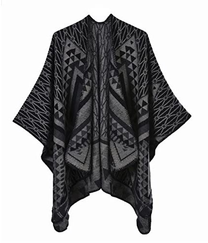 YianBestja Damen Vorne Offen Poncho Schal Wrap Farbblock Damen Cape Cardigans Pullover Umhängetuch Strickjacke (B29-2)