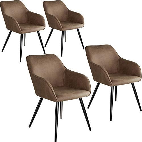 tectake 800870 4er Set Esszimmerstuhl mit Armlehnen, gepolsterte Stoff Sitzfläche, Schwarze Metallbeine, für Wohnzimmer, Esszimmer, Küche und Büro (Braun)