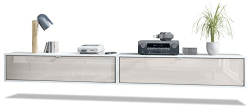 Vladon 2er-Set TV Board Lana 120, Made in Germany, Lowboards je 120 x 29 x 37 cm mit viel Stauraum, Korpus in Weiß matt, Fronten in Sandgrau Hochglanz | Große Farbauswahl
