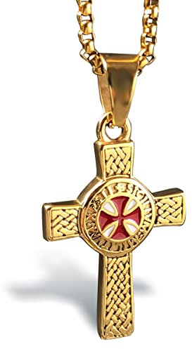 bahamut Knights Templar Cross Pendant Necklace for Men Boys Stainless Steel Vintage Crusader Holy Knight Jewelry with 25 inches Chain (Gold Knight Cross)