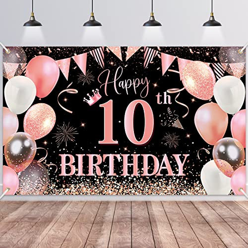 10 Décorations fête en Rose or Noir,Deco Anniversaire 10 ans Bannières de Joyeux Anniversaire Fête Porche Signe Bannière pour 10 ans Décoration Homme Femme