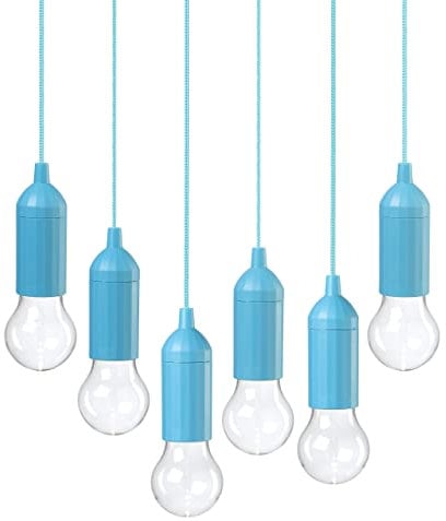 Auraglow Battery Operated Outdoor Pendant Pull Cord Rope LED Lights – Ideal for Garden Parasol, Gazebo, Pergola or Indoor - Blue - 6 Pack