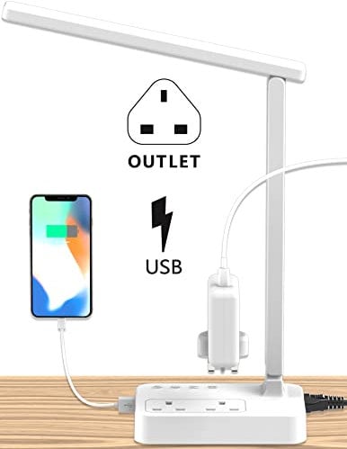 Drevet LED Desk Lamp, Desk Light with 1 USB Charging Port and 2 Way Outlets, 3 Lighting Modes, 3 Level Brightness,1H Timer, Touch Control, Eye-Caring Home Office Bedside Table Lamp