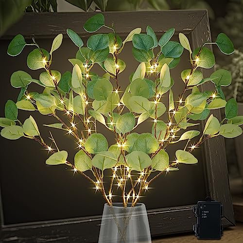 CAMANTU Lighted Artificial Eucalyptus Branches with Timer, Light Up Eucalyptus Branches 33in 99 Led, Battery Powered Vase Lights, Greenery Plant for Home Christmas Party Wedding Decor Indoor Outdoor