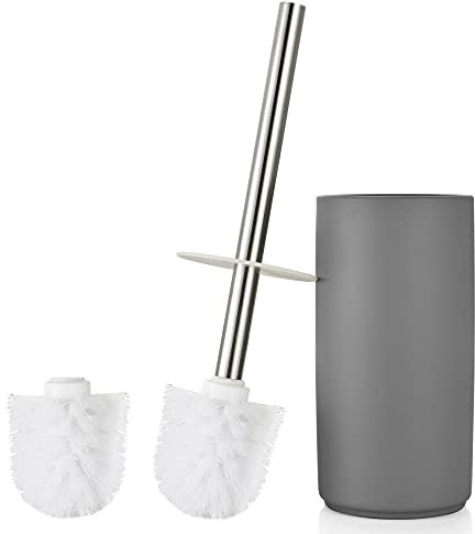 GERUIKE Klobürste Keramik Toilettenbürste mit Stehen Klobürstenhalter WC Bürstengarnitur enthält 2 Weiße WC Bürstenkopf und Toilettenbürstenhalter aus Keramik Grau Matt