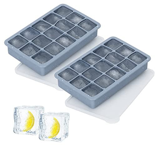 2 Pack Ice Cube Trays, Silicone Square Whiskey Ice Ball Mould with Removable Lid, 15 Ice Cubes per Tray for Cocktails, Whiskey and Drinks Ice Cool (Blue, 2 X Small Square)