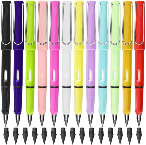 12Pcs Ewiger Bleistift, Bunt Zauber Bleistift Unbegrenzte für Kinder, Kein Anspitzen Tintenloser Bleistifts mit Radiergummi und 15Austauschbarem Graphitstift Kopf Schreibwaren Geschenk für Kinder