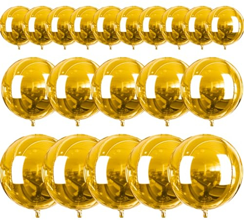 PartyWoo Metallic Gold Foil Balloons 20pcs Different Sizes Pack of 22 15 10 Inch Large Round Foil 4D Inflatable Mirror Ball Mylar Balloons for Graduation Birthday Baby Shower Party Decorations