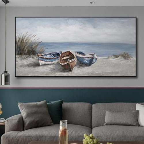 JACBON Peinture à l'huile abstraite sur toile avec 3 bateaux, bord de mer, plage, bateau, affiche nordique, photos pour salon, décoration murale, 80 x 160 cm, sans cadre