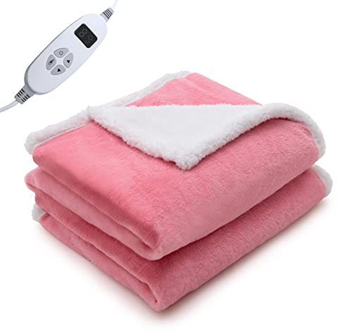 COSTWAY Electric Heated Throw Blanket, Reversible Sherpa Fleece Electric Over Blanket with 10 Heat Levels, 9-Hour Auto-off Timer & Overheat Protection, Machine Washable Heating Throw (Pink, 160x130cm)
