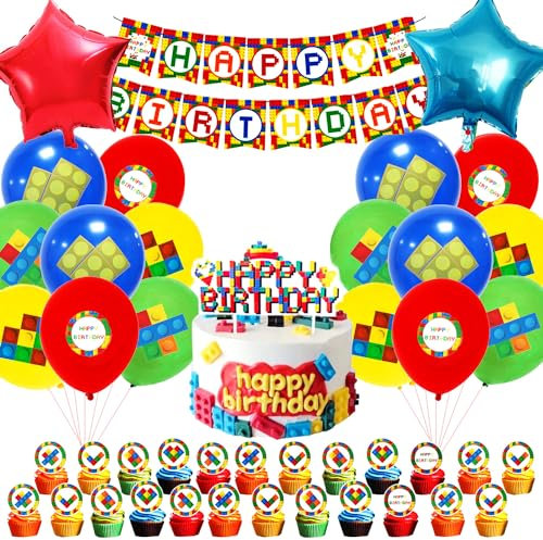 Bausteine Geburtstags Party Dekoration,Baustein Thema Party Deko Set, Kinder Geburtstagsdeko,Luftballons Partyzubehör Set, Happy birthday Banner,Ballons,Cupcake Topper,Cake Topper,Für Jungen,Mädchen