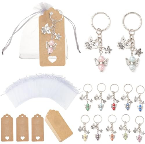 INGJIA 36 Pcs Llavero ángel de la Guarda Colgantes de ángel de la Guarda con Etiquetas Kraft y Bolsas de Organza Llavero de Ángel para Bodas Bautizos Partido Navidad Regalos