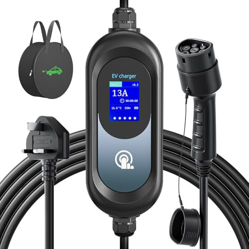 EVJUICION EV Charger Type 2 to 3 Pin 6M, 6/8/10/13A Adjustable, 12 Hours Delay Timer, Touch Control, IP67 Waterproof, 3.3kW Electric Car Charger, EV Charger Cable Type 2 to 3 Pin Plug with Cable Bag