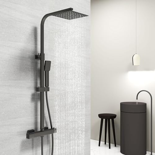 Acezanble - Columna de ducha termostática, 38 °C, de acero inoxidable, con válvula mezcladora, 20 x 20 cm, cabezal de ducha cuadrado, chorro único, negro