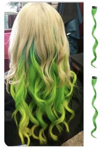 2 x Clip-In Hair Extension Highlights Streaks, Colourful Hair Highlights (Curly Green x 2)