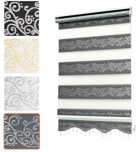 Bailena® Doppelrollo Klemmfix ohne Bohren - 4in1 Duo Rollo mit Muster Grau Silber Glitzernd 70x200cm - Ranken & Blumen Motiv Doppelrollo mit Perlen - Gardinen Rollos für Fenster & Tür