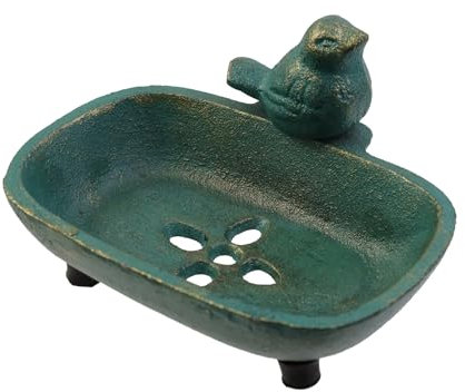 MY MIRONEY Cast Iron Soap Holder Antique Green Bird Decorative Soap Dish Holder Hardware Heavy Duty Drainable Bathroom Sink Soap Dish Tray Tabletop Soap Box Container