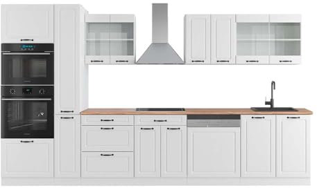 Vicco Küchenzeile R-Line, Weiß Landhaus/Weiß, 350 cm mit Hochschrank, AP Eiche