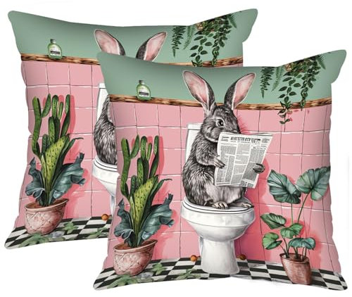 Tucocoo Niedliche Kaninchen-Kissenbezüge, Set mit 2 lustigen Hasen auf der Toilette, zum Lesen von Zeitungen, farbenfroh, dekorativer Kissenbezug für Couch, Bett, Sofa, Auto, Bauernhaus-Dekoration,
