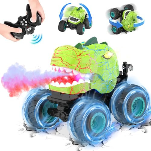 Dinosaurier Monstertruck Ferngesteuerte, 2.4Ghz Ferngesteuertes Auto mit Sprühen, Licht & Klänge, 360°Drehbares Off-Road Stunt Monster Truck, Dinosaurier Spielzeug ab 3 4 5 6 7 8 + Jahre Jungen