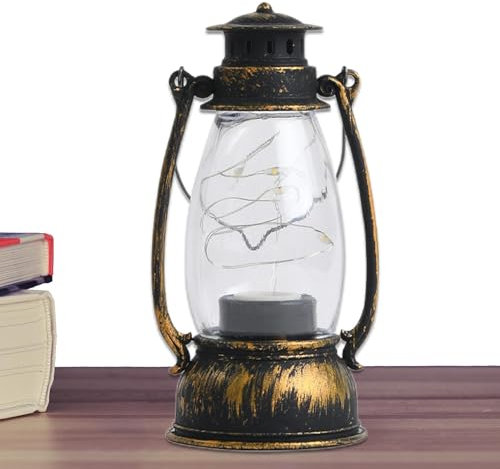 LED Vintage Camping Lantern - Warm Battery Operated Camping Hurrican-e Lantern, Antique Metal Hanging Storm Lantern, Hanging Solar Lights for Outdoor Indoor