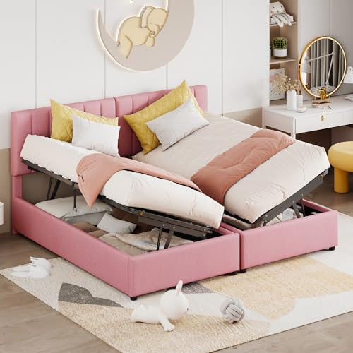 Hydraulisches Polsterbett 180x200 cm Doppelbett Leinen-Hochkastenbett Kinderbett mit Lattenrost Stauraumbett mit Bettkasten Gästebett Ohne Matratze Rosa 180x200 cm