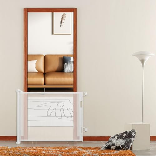 Barrera de seguridad infantil extensible, barrera de seguridad retráctil de 0 a 180 cm para perros, barrera de escalera y puertas, barrera removible y enrollable, 86 x 180 cm, color blanco