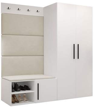Mirjan24 Garderoben-Set Mapreni I, Schuhschrank + Kleiderhakenbrett + Kleiderschrank Gepolstertes Paneel/Wandpaneel Kleiderhaken Flurgarderobe Wandgarderobe (Weiß, Manila 02)