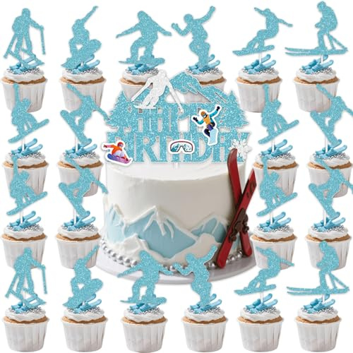 17Pcs Skiing Cake Decoration, Winter Birthday Cake Decoration, Ski Themed Party Supplies, Sports Cupcakes, Sports Enthusiast Parties,Birthday Paper Cup Supplies