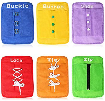 Esoes 6 Pcs Fine Motor Skills Toys Zip and Button Board, Montessori Toys for 1 2 3 4 Year Old, Learn to Tie Shoe Laces Kids Button Buckle Zip Snap