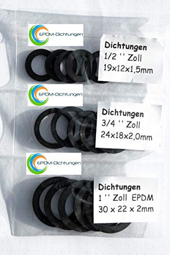 Set 15 Stück Flachdichtungen Gummidichtungen 1/2, 3/4, 1 EPDM für Sanitär, Garten, Bad, Küche, Handwerk (5 Stück je Größe) (2 Sets, 19x12x1,5mm / 24x18x2mm / 30x22x2mm)